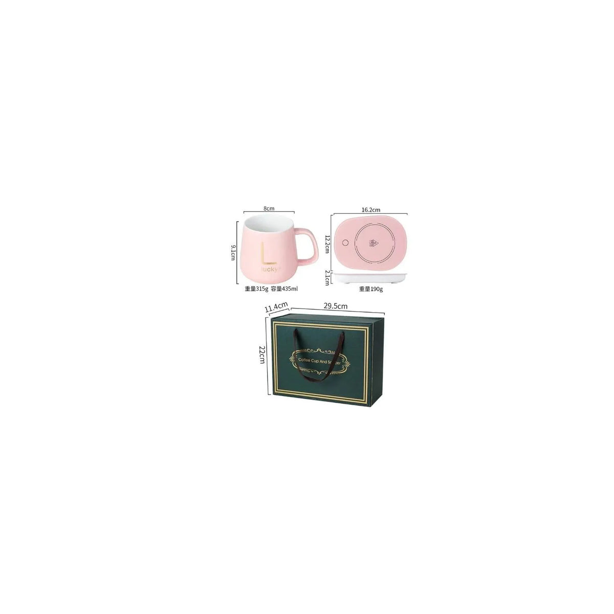 Dimensiones de la taza Lucky, base calentadora y caja de presentación