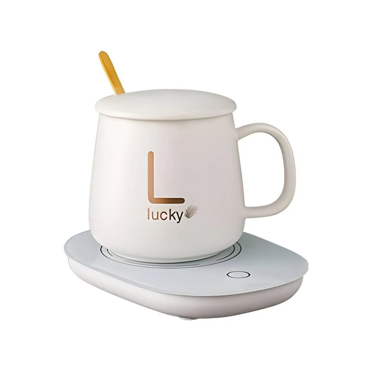 Taza Lucky blanca sobre base calentadora con control táctil