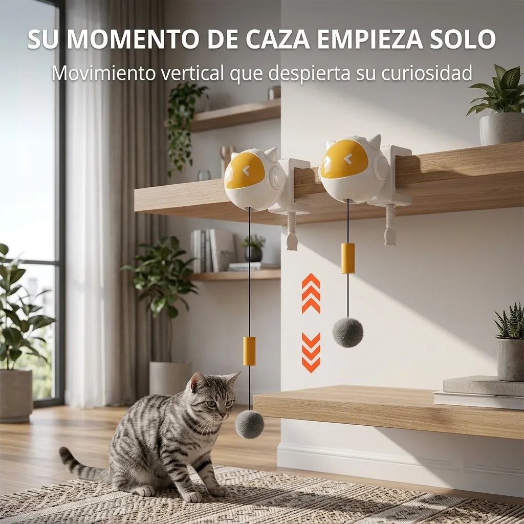 MichiMotion instalado en repisas con gato jugando y movimiento vertical