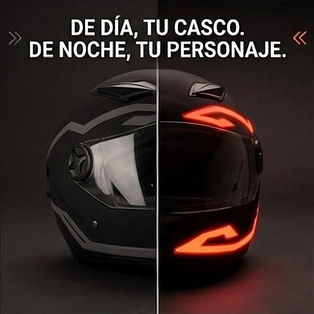 Casco de moto con iluminación LED: comparación apagado y encendido