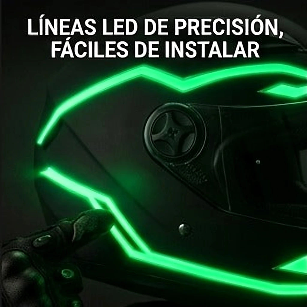 Detalle de líneas LED verdes instaladas en casco