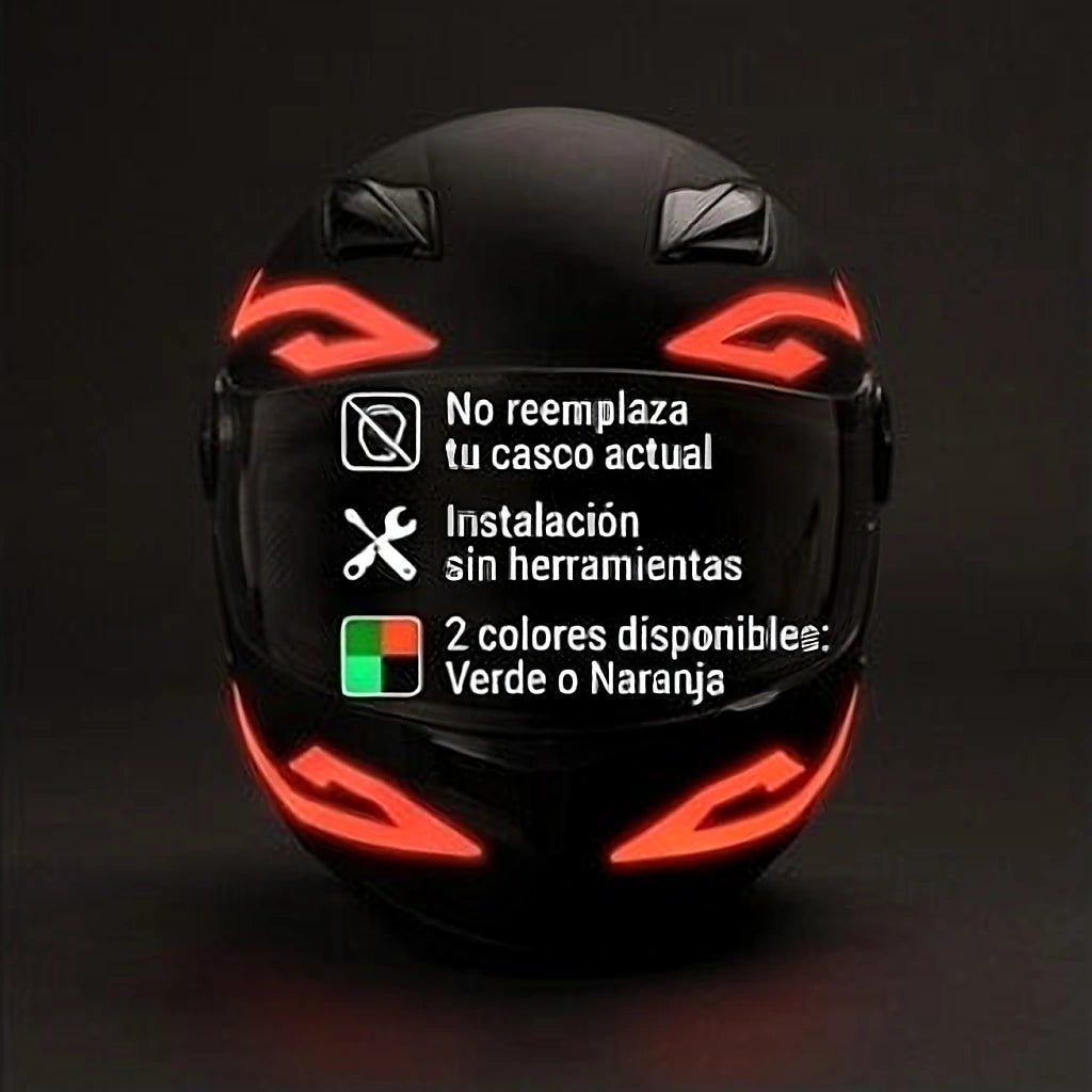 Casco con kit LED naranja e información de instalación